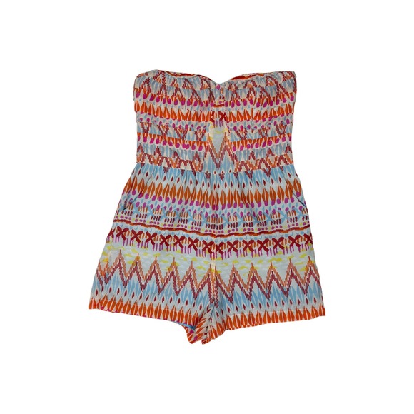 Ott Pants - Cotton Silk Strapless Tribal Print Romper Sweetheart Neckline Orange Blue M